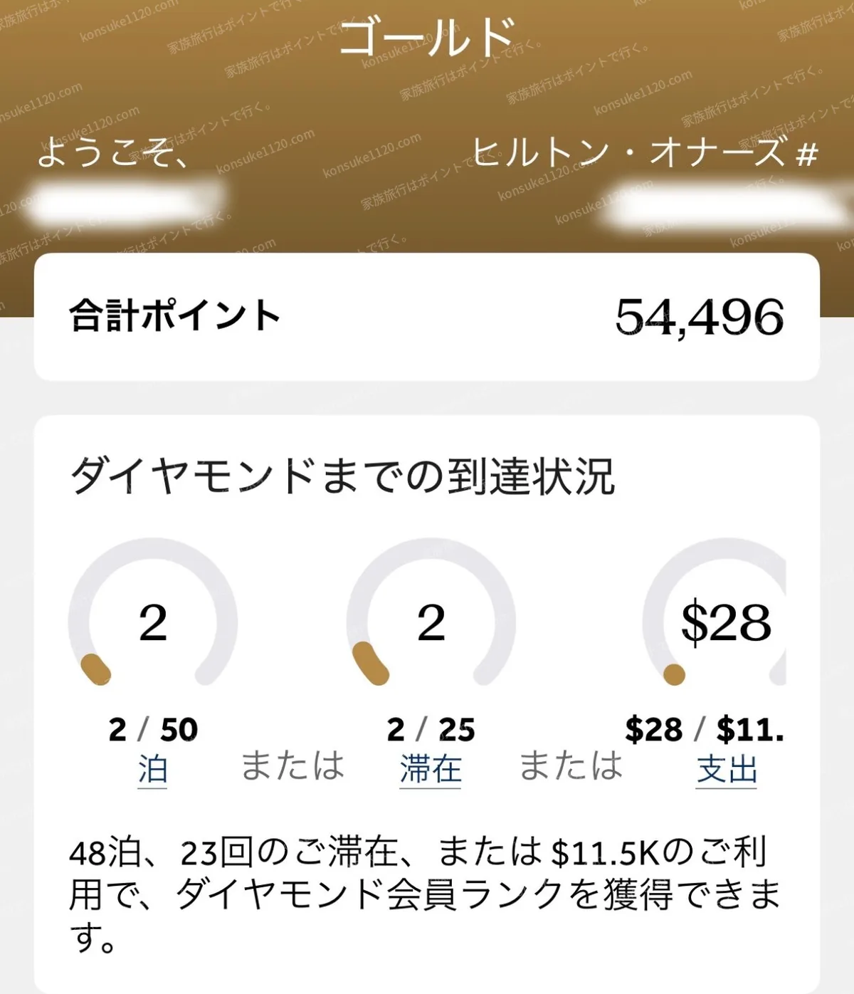 ヒルトン・オナーズのアプリ画面。ゴールド会員、合計ポイント54,496